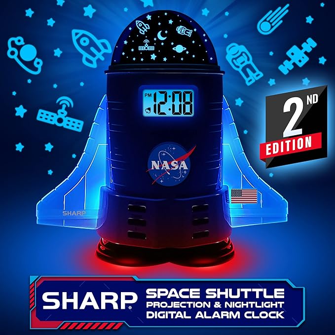 Sharp NASA Space Shuttle Night Light Alarm Clock – Wings and Booster Lights Up – Space Design Nightlight Fun with 4 Color Options and 2 Space Themes for Bedroom, Great Gift!