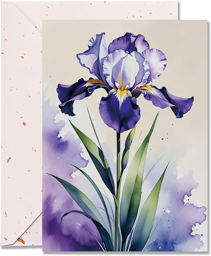 Blank Inside Greeting Card with Envelope for All Occasions, 5x7 Inch Elegant Watercolor Iris Card – Birthday, Sympathy, Thank You - Single Card