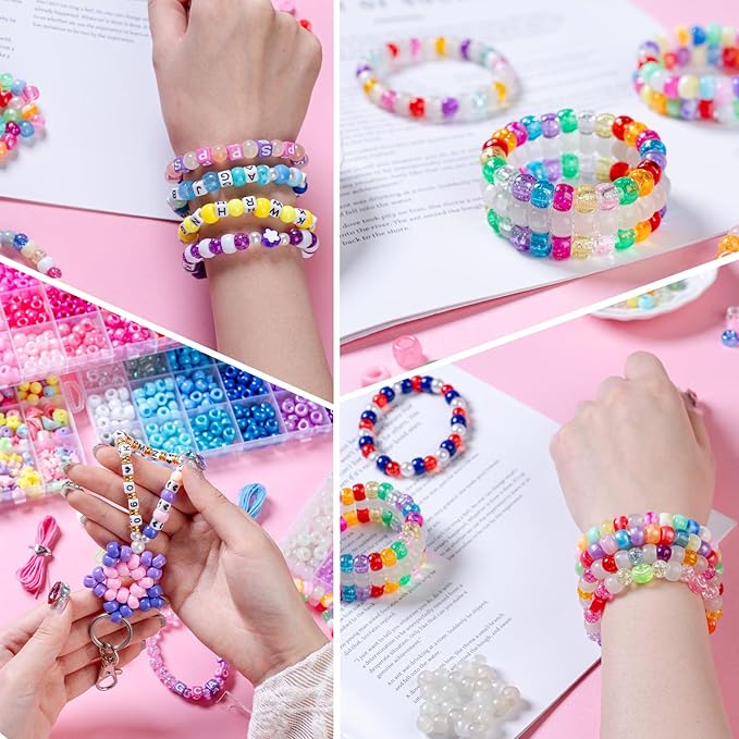 SJZWSD 5 Boxes Bracelet Making Kit Pony Beads, 6x9mm Kandi Rave & Hair Beads Set with UV Color Changing, Glow-in-Dark, Chrome & Alphabet Letters for Friendship Jewelry DIY Crafts