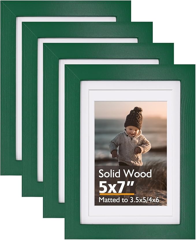 KINLINK 5x7 Picture Frame Green, Solid Wood Frames with Acrylic Plexiglass for 3.5x5/4x6 with Mat or 5x7 without Mat, Tabletop and Wall Display Photo Frame, Set of 4