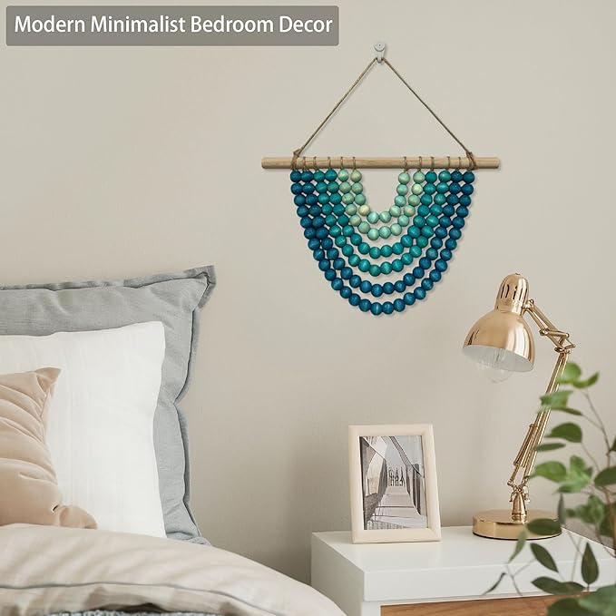 Fenisam Boho Chic Wooden Bead Garland Wall Hanging Tapestry, Natural-Inspired Home Decor for Living Room, Bedroom, Entryway, Nursery, Apartment & Dorm (Coastal Breeze Gradient, 12 Inches)