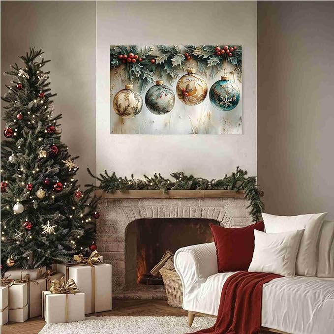 Christmas Ornament Balls Holiday Ball Decor Festive Print Vintage Christmas Canvas Wall Art Hanging Poster Vintage Holiday Print Indoor Decor for Home Offices Living Room Bedroom Dining Room farmhouse