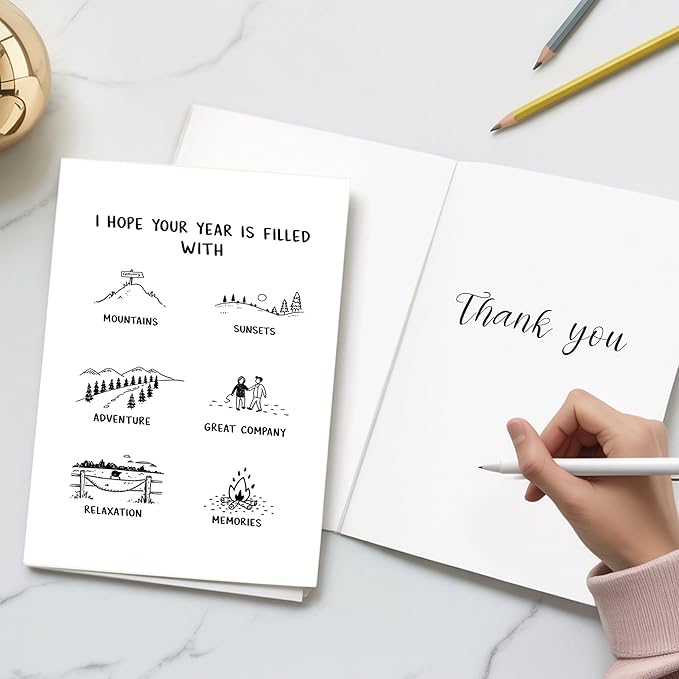 (5.3x8in) Hope Your Year Is Filled With Adventure New Year Card with Envelope, Minimalist Black and White Line Art Greeting, Inspirational Holiday Card for Friends, Family, Coworkers (Xmas 39)