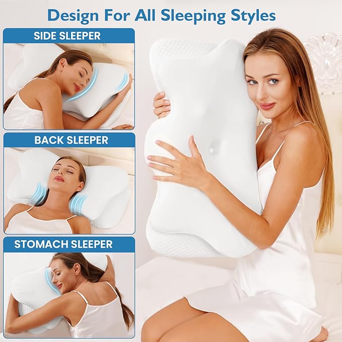 2Pcs Cervical Pillow for Neck Pain Relief, Neck Pillow for Sleeping Side Sleeper Ergonomic Memory Foam Support Pillows Back Sleepers for Sleeping,Machine Washable Pillowcase White