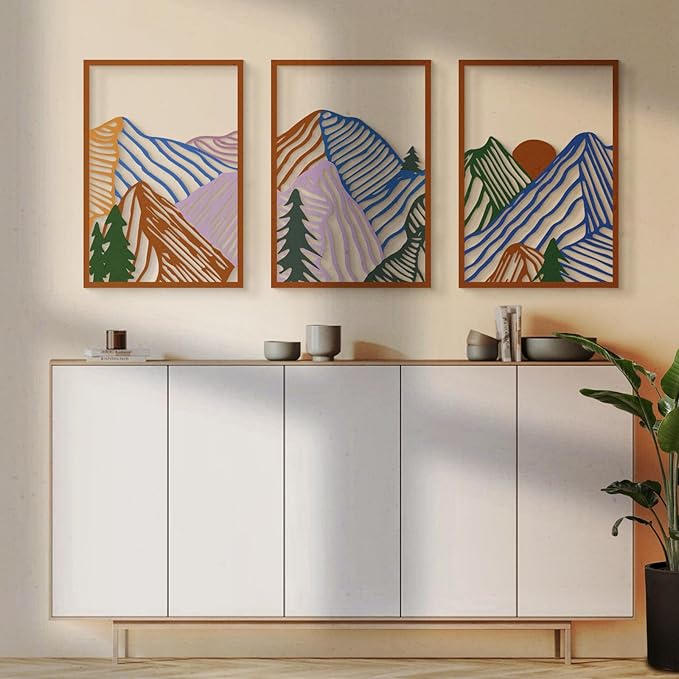 Glamativity 4 Pcs Colorful And Black Double-Sided Abstract Mountain Metal Wall Art, Mountain Line Art Decor, 3D Textured Minimalist Wall Decor, Rustic Nature Wall Decor for Living Room, Bedroom, Study