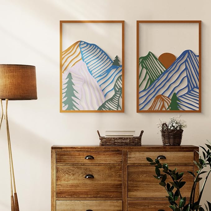Glamativity 4 Pcs Colorful And Black Double-Sided Abstract Mountain Metal Wall Art, Mountain Line Art Decor, 3D Textured Minimalist Wall Decor, Rustic Nature Wall Decor for Living Room, Bedroom, Study