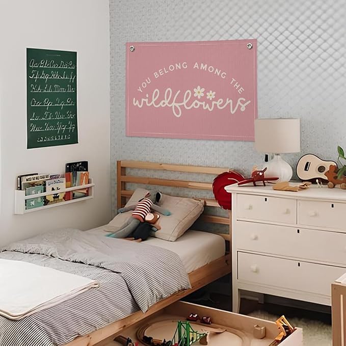 Girls Room Decor, Wildflower Baby Girl Nursery Decor, Baby Shower Pink Linen Canvas Banner, Wall Hanging Banner Flag 20x30 Inch - Hot Pink