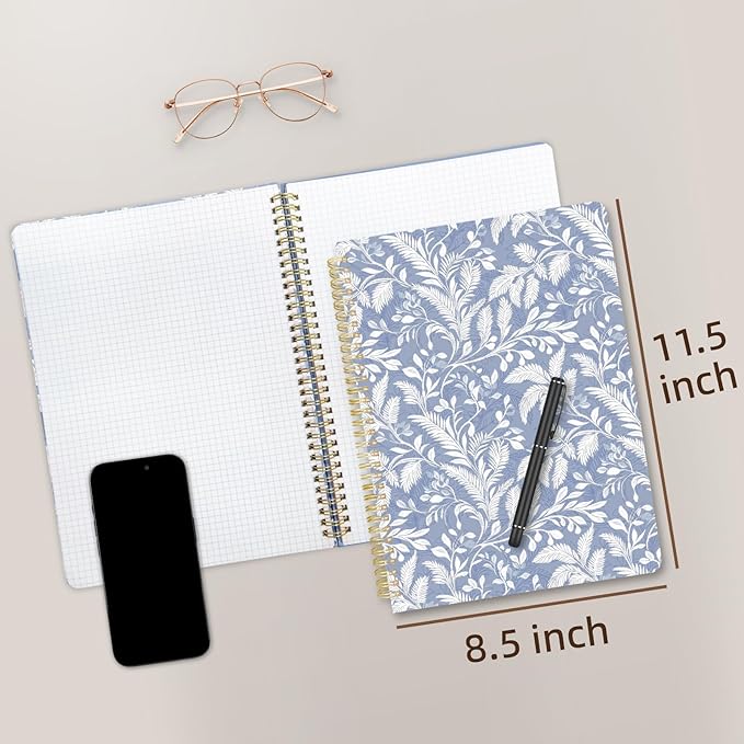 Cute Spiral Notebook journal A4 Aesthetic Pretty Design for Women Girls Kawaii with Pocket, 8.5 x 11 inch, Graph, Blue Leaves