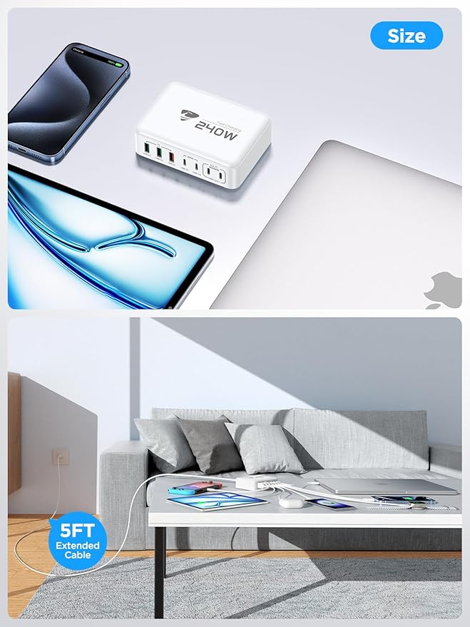 240W USB C Charging Station, 7-Port GaN USB C Charger Block, 100W Laptop USBC Fast Charger Compact 100W Laptop Charger Hub Wall Charger Adapter for MacBook Pro/Air,iPhone 16/15/14/13,Samsung S24