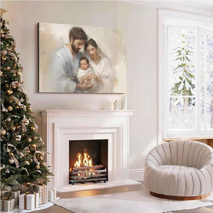 Holy Family Biblical Poster Vintage Christmas Canvas Painting Religious Painting Christian Wall Decor Nativity Scene Print Indoor Decor for Home Church Nursery Offices Living Room Framed Ready to Hang