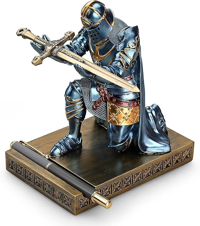 King's Guard Leader Cloak Warrior Knight Pen Holder Mobile Phone Stand, Ornament Knight Statue, Pen Stand Paperweight for Office and Home (Blue)