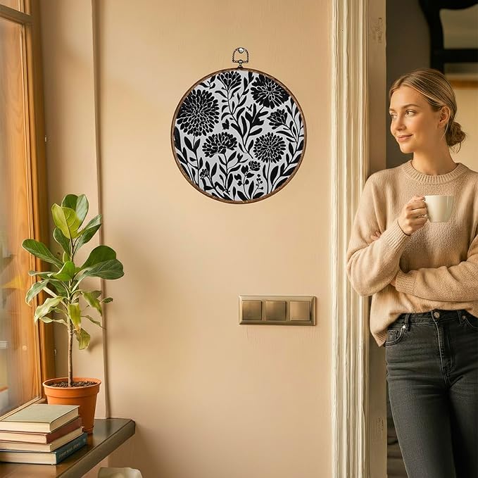 365CUSGIFTS Boho Wildflowers Wall Art Canvas Frame Hanging Prints, Flower Landscape Round Wall Art Decor for Bathroom Home Gallery Decorations 10"x10"