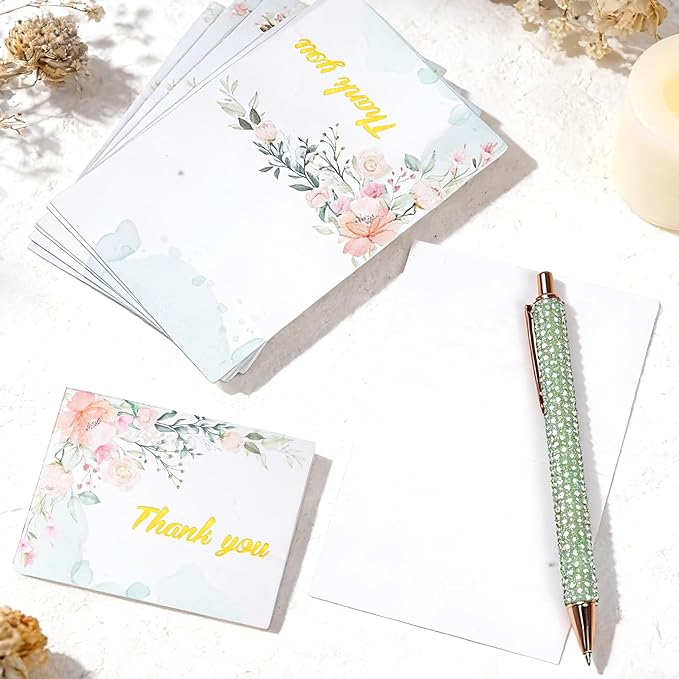 20 Pack Flower Thank You Cards with Envelopes and Stickers 3.66x2.76'' Gold Foiled Greeting Card Wildflower Thank You Cards Set Mixed Color Gift Card for Friends Family