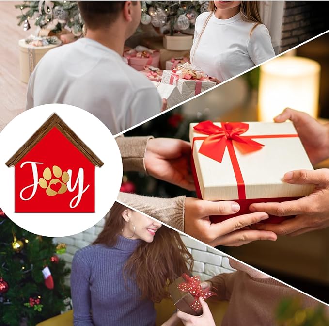 Joy Christmas Sign Decorations, Dog Paws House Shaped Wooden Sign, Rustic Christmas Decor for Farmhouse Home Office