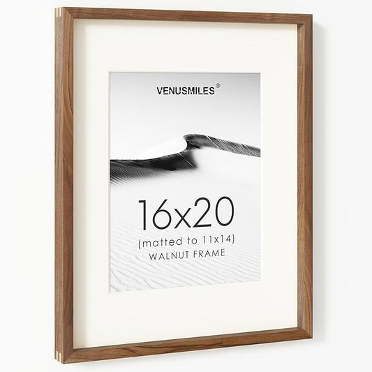 16 x 20 Picture Frame, USA-Sourced Natural Walnut Wood Photo Collage Frame with HD Tempered Glass, Modern Simple 16x20 Wooden Frame Matted to 11x14, Vertical & Horizontal Wall Hanging Display