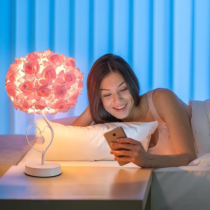 Pink Rose Flower Lamp Romantic Bedside lamp Princess Table Flower Lamp for Nightstand Desk Light for Bedroom Women Girl Dating Christmas Gift Party Wedding Decor Living Room Office