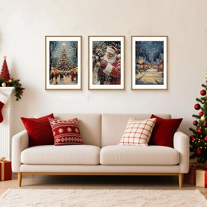 Large Enchanting Christmas Framed Canvas Wall Art Set,Santa Claus Reindeer Wall Decor,Magical Glowing Christmas Tree Artwork,Winter Snowy Village Art Print for Living Room,Bedroom- 16"x24"x3