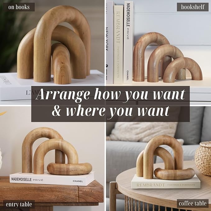 Product Elevations Wood Arch Decor & Wooden 2 Chain Link – Modern Decorative Objects for Coffee Table, Bookshelf, and Entryway – Japandi Accent Set for Living Room & Home Styling