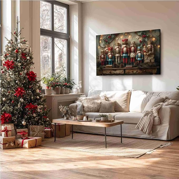 Christmas Nutcracker Vintage Wall Art Print Dark Academia Holiday Poster Winter Christmas Holiday Decor Gold Nutcracker Oil Painting Scene Indoor Decor for Offices Living Room Framed Ready to Hang