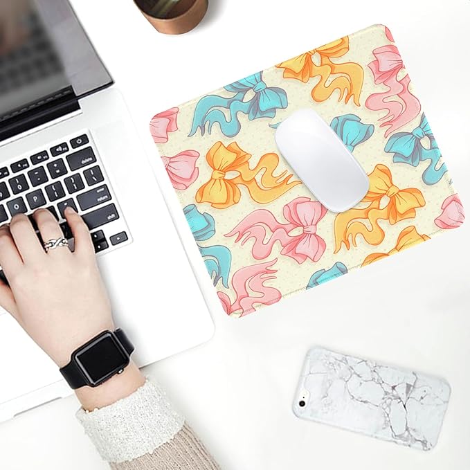 Seorsok Square Aesthetic Oversize Pink Yellow Blue Bows Mouse Mat,Premium Textured Mouse Pads for Office Laptop,Washable Square Mousepads with Extended Stitched Edges Non Slip Rubber Base,Beige