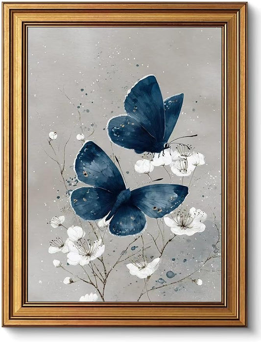 okudolit Gold Framed Navy Blue Butterfly Canvas Wall Art Print White Flower Botanical Painting Neutral Insect Gray Modern Moth Artwork Wall Decor for Living Room Bedroom Bathroom 12x16in