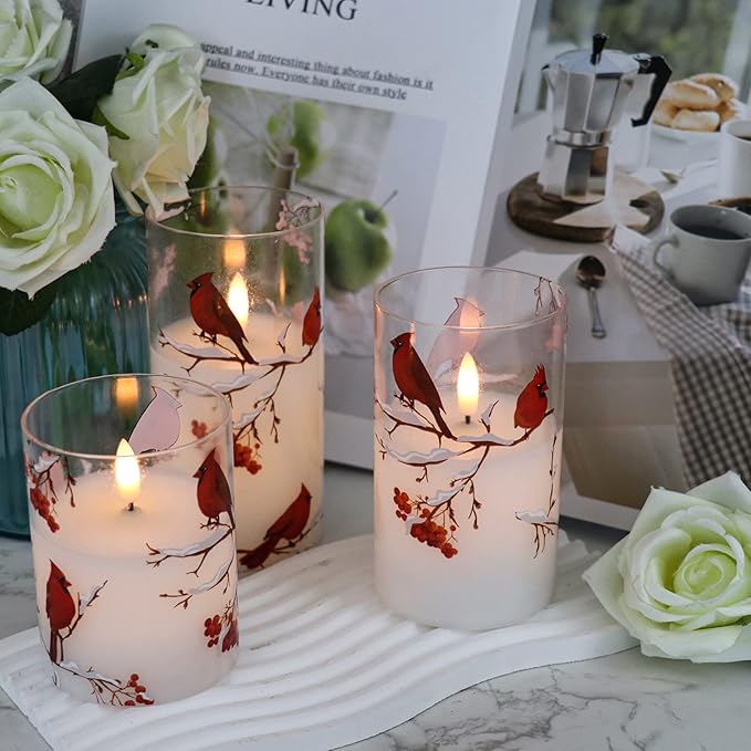 GenSwin Red Bird Glass Flameless Candles with Remote Timers, Battery Operated 3D Wick Led Flickering Light, Real Wax Pillar Candles for Christmas Home Decoration(Pack of 3, 3”x4”5”6”)