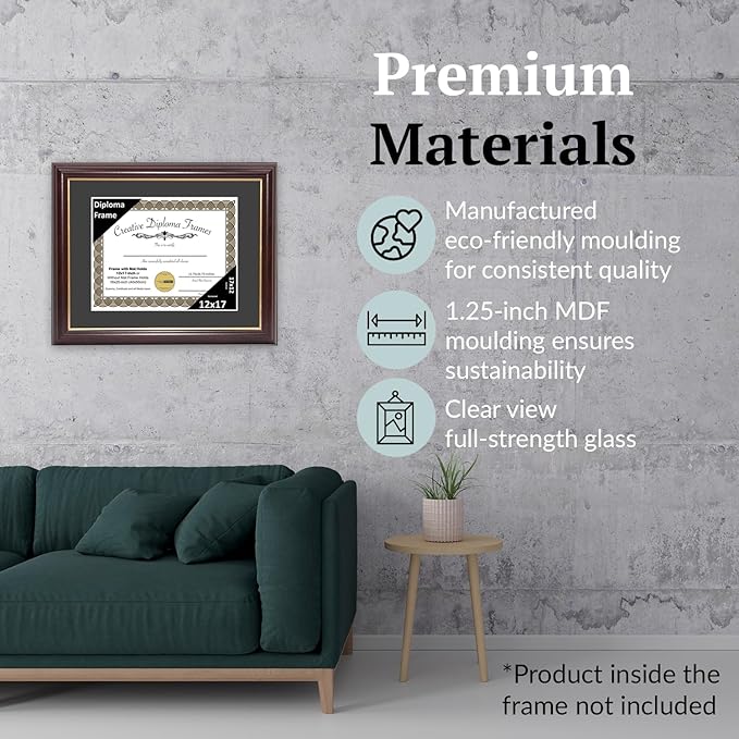 Creative Picture Frames 12x17 Mahogany Gold Rim Diploma Frame with Black Mat Glass and Installed Wall Hangers | Frame Holds 16x20 Media without Mat