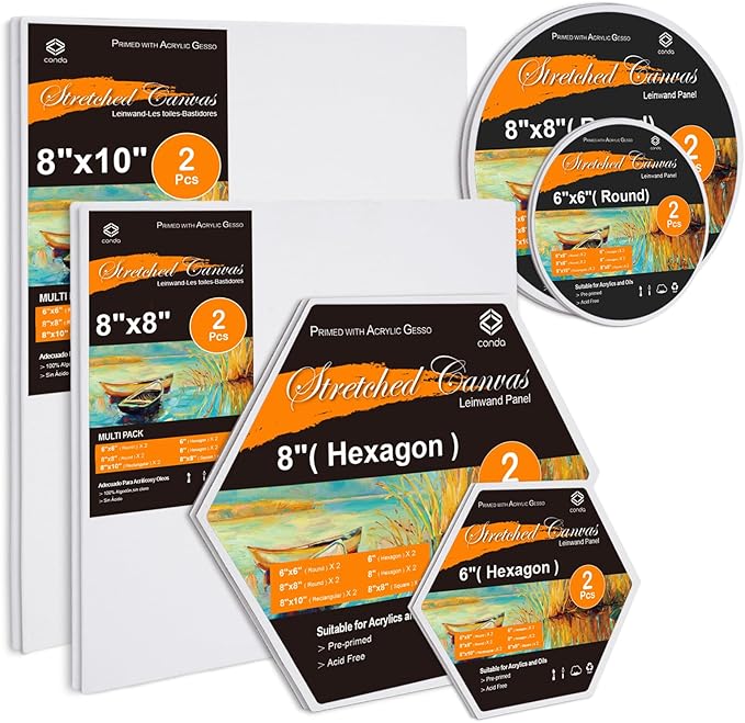 CONDA Canvas Board for Painting 12 Pack Multi Size 8" 10" Round, 6" 8" Hexagon, 8" Square, 8x10 in(2 of Each) Primed White Blank Canvas, 100% Cotton Artist Canvas Panels for Oil Acrylic Paint