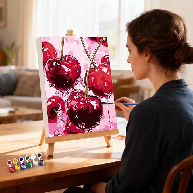 MXJSUA Cherry Framed Paint by Numbers for Adults Beginners, Easy Adults' Paint-by-Number Kits on Canvas with Easel, Cherry Acrylic Number Painting Crafts Kits Gifts for Home Decor, 8x10inch