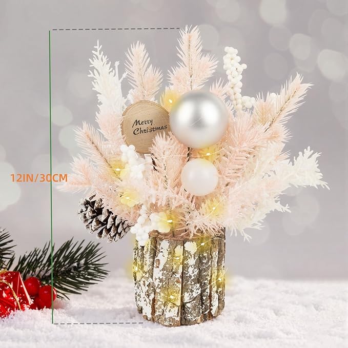 Small Table Top Christmas Tree with Lights, Mini Christmas Tree Decorations with Merry Christmas Pine Cones Berries Balls Ornaments for Home Party Centerpiece Indoor Decorations, 12Inch, Pink