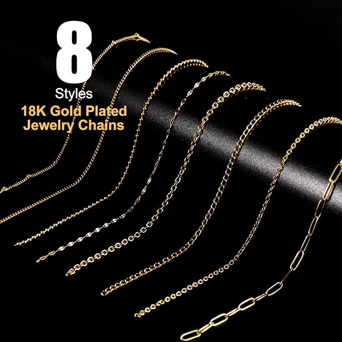 18k Gold Plated Stainless Steel Necklace Chains for Jewelry Making 49FT 8 Style Gold Necklace Chains Bulk with Lobster Clasps and Jump Rings Connectors for DIY Necklaces Bracelet Jewelry Making