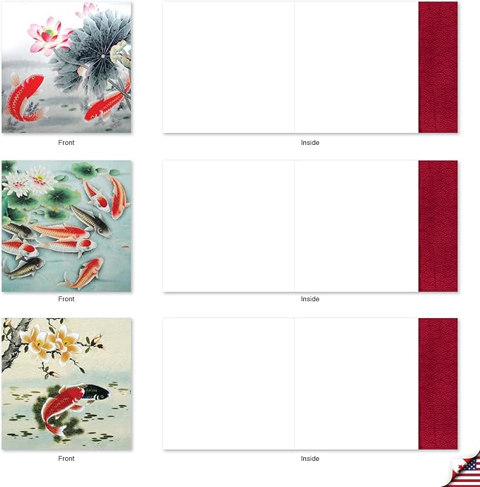 The Best Card Company - 10 All Occasion Blank Cards (4 x 5.12 Inch) - Nautical, Ocean, Sea Life Assortment of Notecards - On Goldfish Pond MQ4944OCB-B1x10