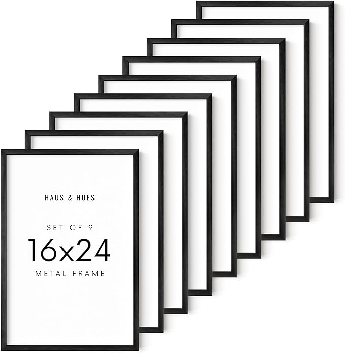 HAUS AND HUES 16x24 Black Metal Picture Frames - Features Premium Aluminum & Hanging Hardware, Shatterproof Plexiglass - Perfect for Home, Room, Office (16x24 in, Black, Set of 9)