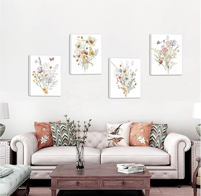 Wildflower Canvas Wall Art,Watercolor Flower Wall Art Poster, Colorfull Minimalist Floral Picture Printing,Farmhouse Living Room Bedroom Office Decoration (8”X 10”Framed)