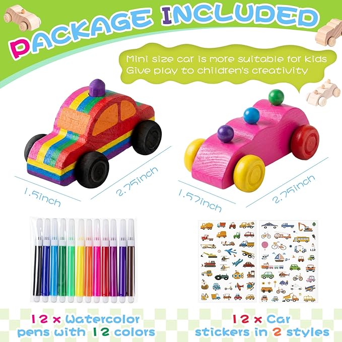 Leyndo 12 Pcs Unfinished Wood Cars to Paint Wooden Painting Crafts, DIY Car Toys with 12 Watercolor Pens & 12 Car Sticker Sheets for Kids Students Home Classroom Woodworking Family Art Activities