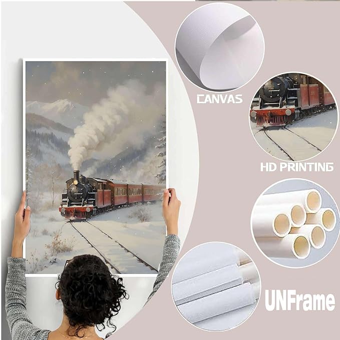 Canvas Wall Art Christmas Print Train Painting Winter Scenery Landscape Snowy Railroad Wall Art Moody Christmas Decor 24x36in-UnFramed
