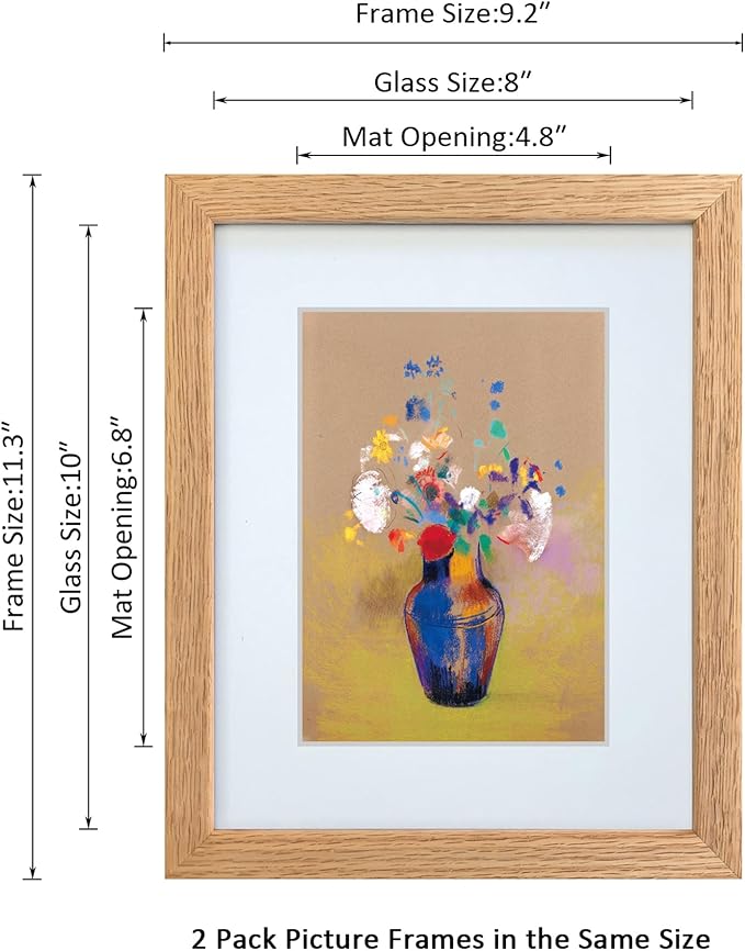 8x10 Picture Frame Set of 2 OAK Solid Wood with Real Glass for Pictures 5x7 with Mat or 8x10 Without Mat, Wall Mount or Tabletop Gallery Photo Frames(2 Pack, Oak)