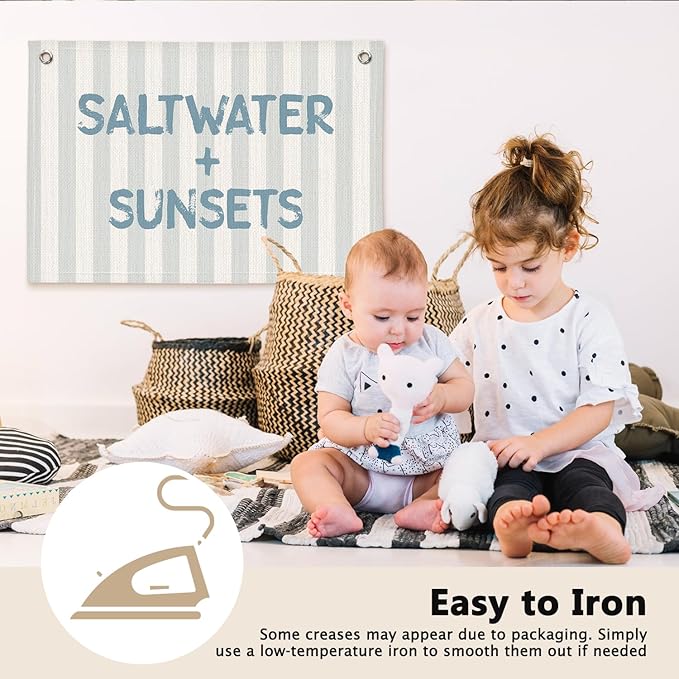 Coastal Beach Saltwater Sunsets Grey Striped Kids Room Decor - Linen Banner Wall Hanging Canvas Banner Flag Decor for Kids Toddler Bedroom Nursery Playroom