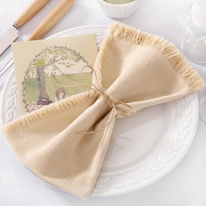 6 Pack Champagne Cotton Linen Napkins with Fringe Spring Cloth Napkins Set of 6 Boho Handmade Dinner Napkins Bulk for Wedding Bridal Baby Shower Valentine's Day, 17 x 17 Inches