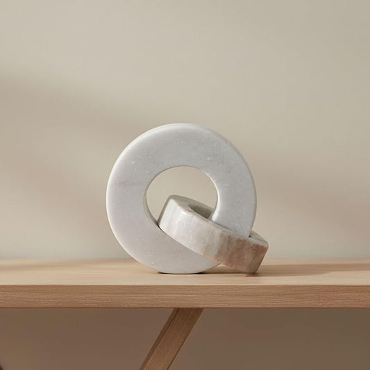 Home Decor and Bathroom Decor Marble Double Ring - Modern Shelf Sculpture and Office Accents for Room Styling - Coffee Table Ornaments and Living Room Decor Statues Design - 6", White & Beige
