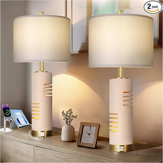27.5" Faux Stone Table Lamps Set of 2 with Night Light, Farmhouse Lamps for Living Room with USB A+C Ports, Bedside Table Lamps with Linen Shade for Bedroom Nightstand Office (Bulb Included)