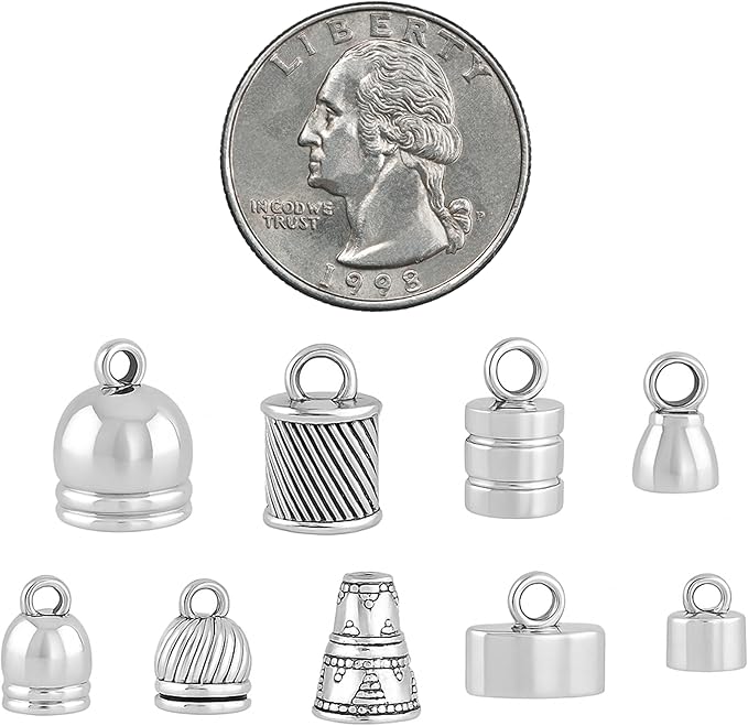 Mandala Crafts Silver Tone Leather Cord End Caps for Jewelry Making, Tassel Caps, 4mm to 9mm 90 PCs Barrel Cord Ends, Kumihimo Supplies and Jewelry Findings