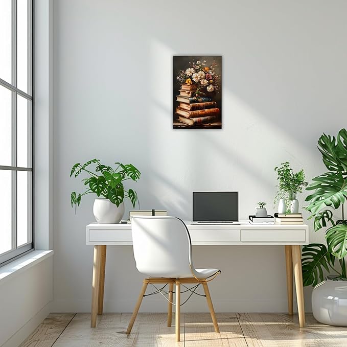 CHAOSETKEN Vintage Books Wall Art Flower and Books Canvas Prints Moody Floral Pictures Aesthetic Poster Rustic Still Life Artwork for Library Office Decor Framed (Brown,18" L x 12" W)