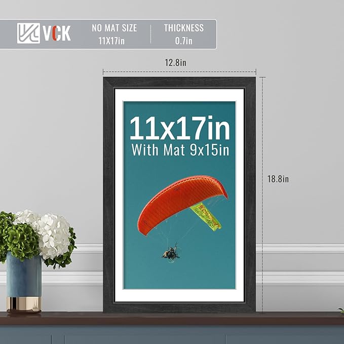 VCK 11x17 Picture Frames Black Set of 5, Wide Border Wood, Tempered Glass, Display 9x15 Photo with Mat or 11 x 17 without, for Home, Office, Gallery, Woodgrain Series, Wall Hanging