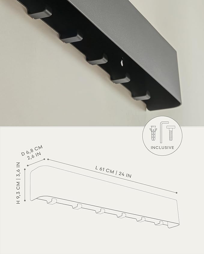 Kazai.®️ Coat Rack Wall Mount with Shelf 'Tone' | Modern Design Coat Hanger with Hidden Hooks and Storage | Hat Rack with Shelf in Metal | Wall-Mounted Purse Organizer | Black