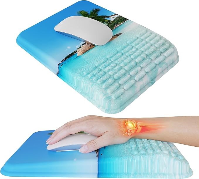 MEKASS Mouse Pad with Wrist Rest, Ergonomic Slope Mousepad for Carpal Tunnel Pain Relief, Memory Foam Desk Computer Wrist Support Mouse Pad with Non-Slip PU Base for Office Home (Beach)