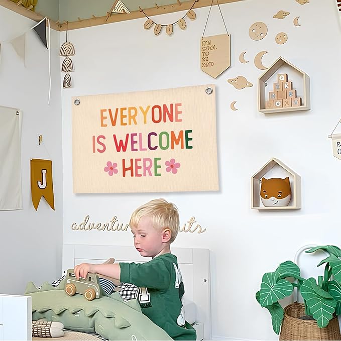Girls Room Wall Decor,Everyone Is Welcome Here Linen Canvas Banner,Boho Classroom Wall Hanging Flag, Therapy Office Calming Corner Decor,Kids Room Playroom Wall Art,Mental Health Decor,20x30
