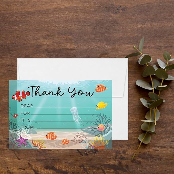 Andaz Press Kids Fill in the Blank Thank You Cards - 20 Cards Including Envelopes Under The Sea Gender Neutral Note Cards For Boys Girls Birthday Party Thank You Notes for Friends Family Party Guests