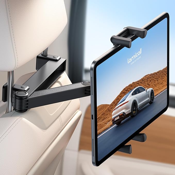 Lamicall Car Headrest Tablet Holder - [Lockable] [Thick Case Friendly] [Foldable Clip] Car Backseat Tablet Mount, Car Accessories for Kids, for iPad Pro, Air, Mini, Galaxy, Fire HD, 4.7-13" Tablets