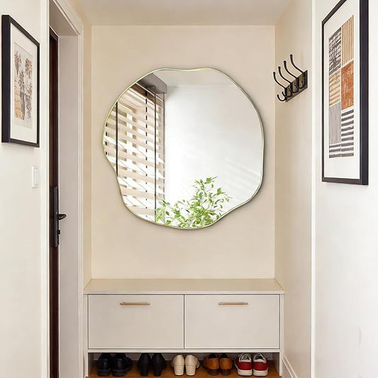 POZINO Asymmetrical Mirror, 25" Irregular Wall Mirrors, Gold Scalloped Rounded Mirror, Modern Frameless Abstract Mirrors for Bathroom Living Room Bedroom Entryway Fireplace